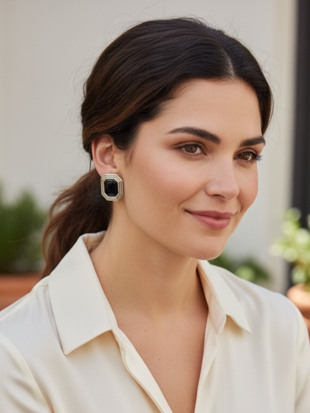 Christian Dior vintage clip-on earrings with black glass centers silver meta